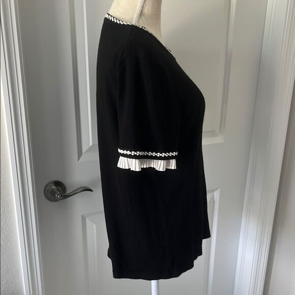 Karl Lagerfeld Black with Ruffled Sleeve White Stitching Detail Sweater - Picture 5 of 8
